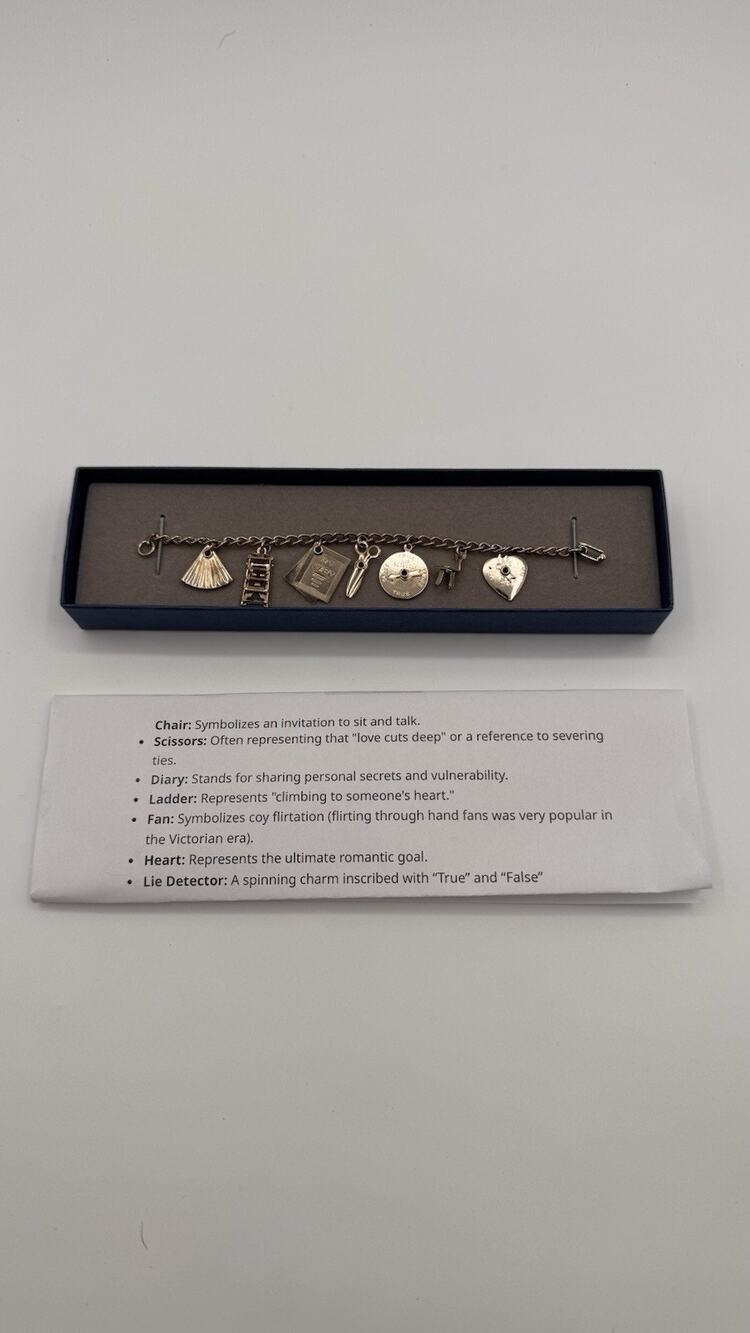 Vintage Silvertone Bracelet Ten Charms Movable Scissors Stair Chair Lie Detector